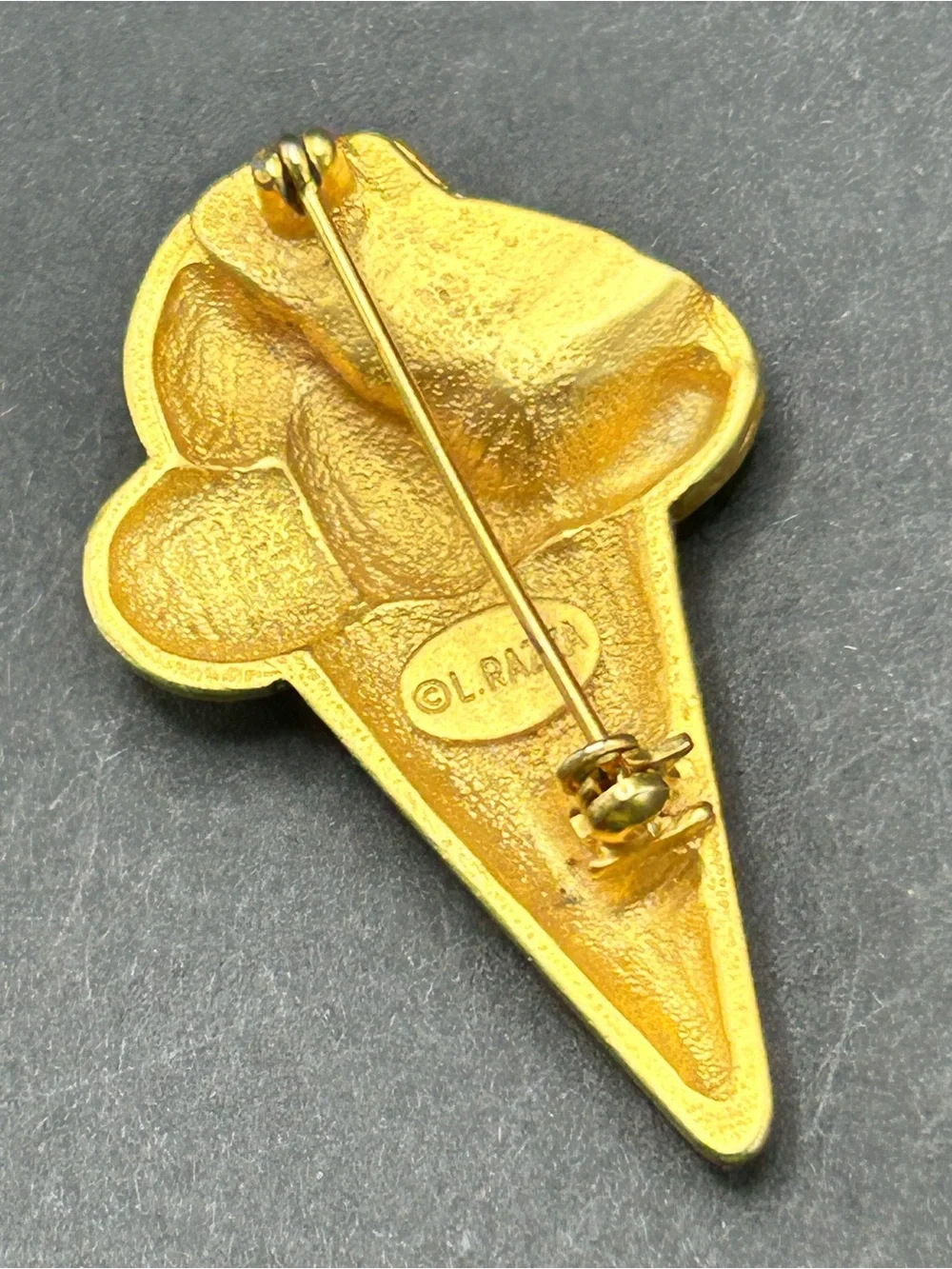 VTG L.‎ Razza Matte Gold Ice Cream Cone Brooch Rhinestone Scoop